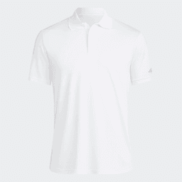 A white Adidas men's recycled performance polo shirt with a logo on the sleeve.