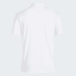 A white men's polo shirt featuring a collar and short sleeves, with a logo on the back.