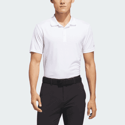 A white men's polo shirt with a collar, featuring a logo, paired with black trousers.
