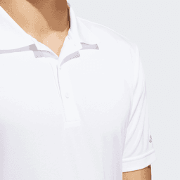 A white Adidas men's polo shirt featuring a collar and a logo on the sleeve.
