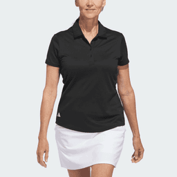 A black polo shirt with a collar and short sleeves, featuring a logo. Worn by a model with a white skirt.