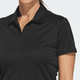 A black polo shirt with a collared neckline and a button placket, featuring a logo on the chest.