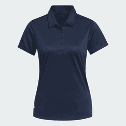 Navy blue ladies' polo shirt with a collared neckline and button placket, featuring a small logo.