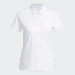 A white ladies' polo shirt with a collar, short sleeves, and a logo on the lower hem.