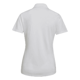 A white ladies' polo shirt with a classic collar and short sleeves, featuring a branding logo.