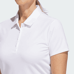 A white polo shirt featuring a collar and buttons, designed for ladies, with a branding logo.