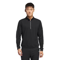 A black lightweight quarter zip pullover for men, featuring a logo on the sleeve. Suitable for casual wear.