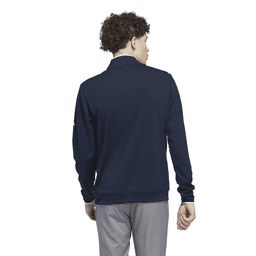 A navy blue lightweight quarter zip pullover with long sleeves and a collar, featuring a logo on the sleeve.