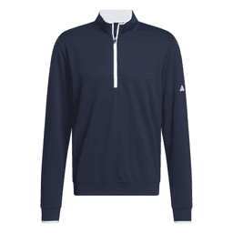 A navy blue lightweight quarter zip pullover with a white collar and a logo on the sleeve.