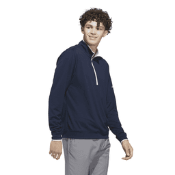 A navy lightweight quarter zip pullover for men, featuring a high collar and a logo. Perfect for casual wear.