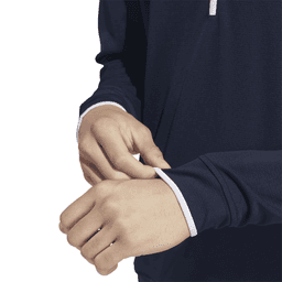 A navy blue quarter zip pullover with contrasting white detailing at the cuffs and collar, featuring a logo.