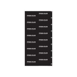 A roll of black stickers featuring repeated white text, with a logo design.
