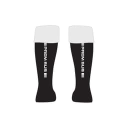 Black sports socks with a white band at the top, featuring a logo. Suitable for softball and sports uniforms.