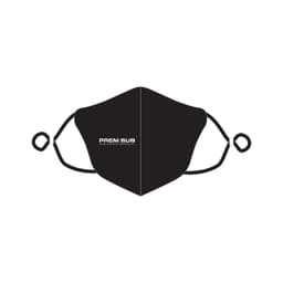 A black face mask with two panels and adjustable ear loops, featuring a logo on one side.