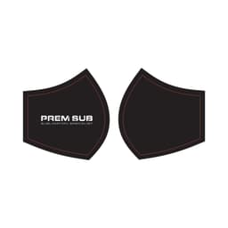 A black face mask featuring a curved design, with an embedded logo on one side.