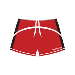 Red sports shorts featuring black accents and a drawstring, with a branding logo on the side.