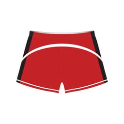 A pair of red sports shorts with black accents, featuring a curved white design and a logo.