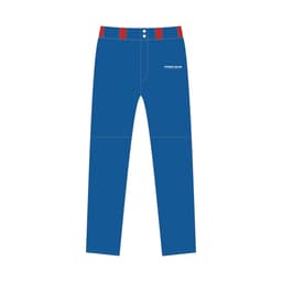 Full-length blue baseball pants with a red waistband and a logo on the side.