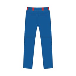Full-length blue baseball pants with a red waistband and two back pockets, featuring a logo.