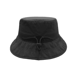 A black H2300 Surf Bucket Hat with a wide brim and adjustable toggle. It features a simple design and has a logo.