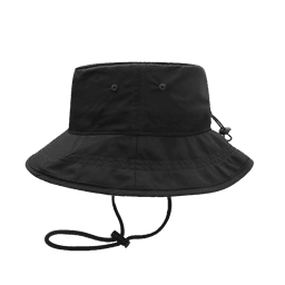 A black H2300 surf bucket hat with a wide brim and chin strap, featuring ventilation eyelets.