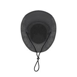 A grey surf bucket hat with a mesh interior and adjustable chin strap, featuring a logo.