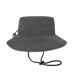 A dark grey bucket hat with a wide brim and adjustable chin strap, featuring a subtle logo.