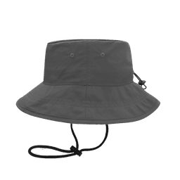 A grey bucket hat with a wide brim and adjustable chin strap. It features two side vents and a logo.