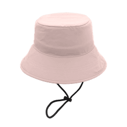 A light pink bucket hat with a wide brim and an adjustable chin strap. It includes a logo on the side.
