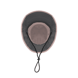 A pink bucket hat featuring a mesh lining and an adjustable chin strap, with a logo on the side.