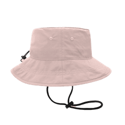 A pink bucket hat with a wide brim and adjustable chin strap, featuring a branding logo.