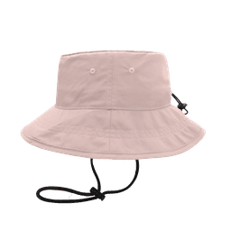 A light pink bucket hat featuring a wide brim and an adjustable chin strap, with a branding logo present.