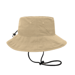 A beige bucket hat with a wide brim and a chin strap, featuring a logo on the side.
