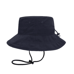 A navy blue bucket hat with a wide brim and an adjustable chin strap, featuring a logo.