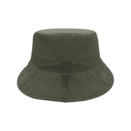 A dark green bucket hat featuring adjustable ties and a wide brim. It has a simple design with a logo on the side.