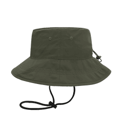 An olive green bucket hat with a wide brim and an adjustable chin strap, featuring a logo.