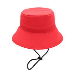 A red bucket hat with a wide brim and an adjustable chin strap, featuring a logo.