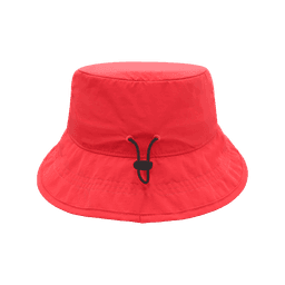 A vibrant red bucket hat featuring a chin strap and adjustable toggle. Includes a logo on the side.