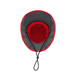 A red and grey surf bucket hat with a mesh interior and adjustable chin strap. It features a logo branding.