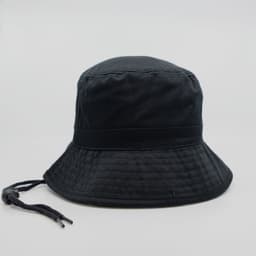 A black bucket hat with a structured brim and an adjustable chin strap. It features a subtle logo.