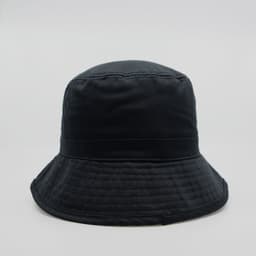 A black bucket hat with a wide brim and a structured design, featuring a logo on the side.