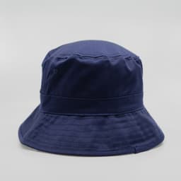 A navy blue bucket hat featuring a wide brim and a logo on the side.