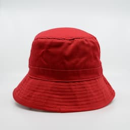 A red bucket hat with a wide brim and a stitched band around the crown, featuring a logo.