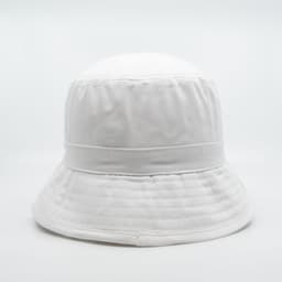 A white bucket hat with a wide brim and a textured band, featuring a logo on the side.