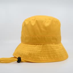A yellow bucket hat with a drawstring, featuring a rounded crown and wide brim.