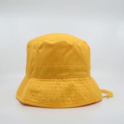 A yellow HW24 bucket hat featuring a wide brim and a drawstring, designed for headwear.