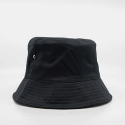 A black bucket hat with a flat brim and a small metal eyelet, featuring a simple design and no additional details.