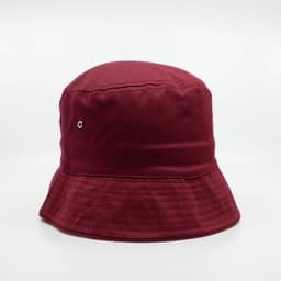 A burgundy bucket hat with a structured brim and a small logo on the side.