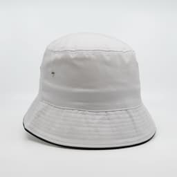 A white bucket hat with a textured surface and a contrasting black brim, featuring a logo.