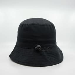 A black microfibre bucket hat featuring an adjustable drawstring and a logo. Suitable for headwear collection.